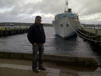 Hus with H.M.C.S. Sackville in Halifax, NS. Tim wrote about the WWII escort ships in his song "Forgotten Sailor"
