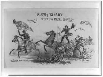 "Slow and Stead Wins the Race" is a Pro-Lincoln cartoon arguing that Lincoln's tactics are the way to victory and McClellan will lose and even absorb the Confederate war debt.
