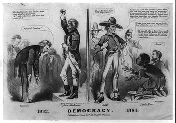 "Democracy" describes General Jackson as a hero for Union, fighting against John C. Calhoun, while McClellan is portrayed as a man who will surrender to Jeff Davis and the Confederacy
