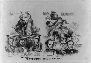 "Platforms Illustrated" shows Lincoln as a clear winner with military support while McClellan is pulled in different directions by those who support surrender to the South
