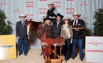 Lyle, Janet, Les & Sindicat receiving the Champion Saddle & Bronze for the 2012 Calgary Stampede Cutting Horse Futurity
