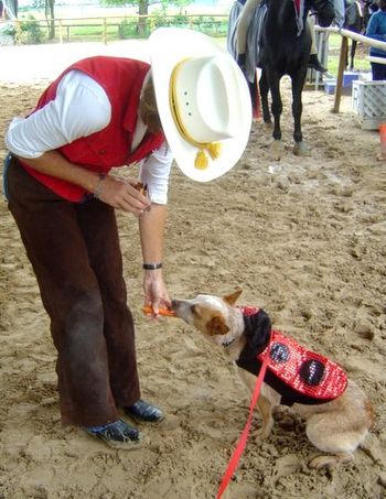 Our awesome judge, Donna Meyer, gives a treat to Lucky the Ladybug.
