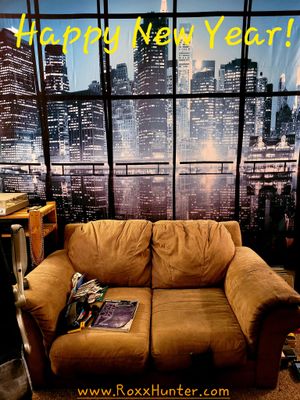 Couch in front of cool city skyline backdrop