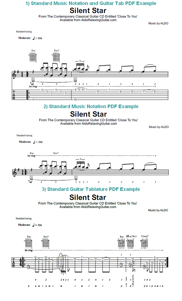 ALDO Relaxing Guitar 'Silent Star' Three Version Guitar Music Notation and Tablature PDF Zip File Download