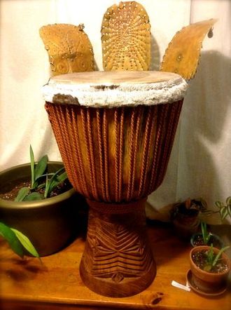 A djembe built with a build-your-own kit from Drumskull Drums, with added ksink-ksink.