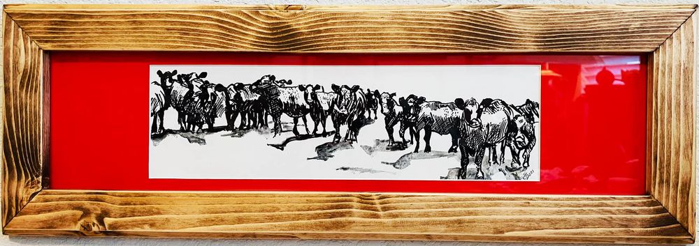 Cowboy art , farm art , cow art , Custom Mat and Frame 7"x21" Cows in a Pasture $75.00