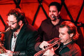Playing with Scott Sharrard's Brickyard Band at Rockwood Stage 2, December 12, 2015.  To my right is Dan Brantigan (trumpet), and in the background is Moses Patrou (drums, vocals).  Photo by Vernon Webb.
