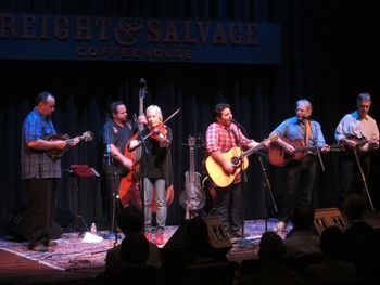"Just Like Home" CD release party at the Freight and Salvage in Berkeley. From left, David Thom, Joe Kyle, Jr., Laurie Lewis, Adam Traum, Happy Traum and Tom Rozum.
